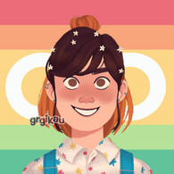 a picrew by user grgikau of a person with a ginger bob, brown bangs, flowers in their hair, a button down shirt, and overalls. Behind them is the autistic flag which has desaturated red, orange, yellow, green, and blue stripes with a white infinity sign.