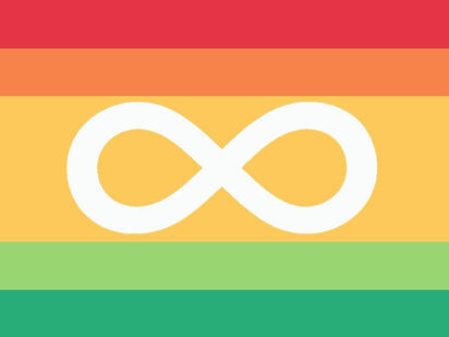 autistic flag which has desaturated red, orange, yellow, green, and blue stripes with a white infinity sign.